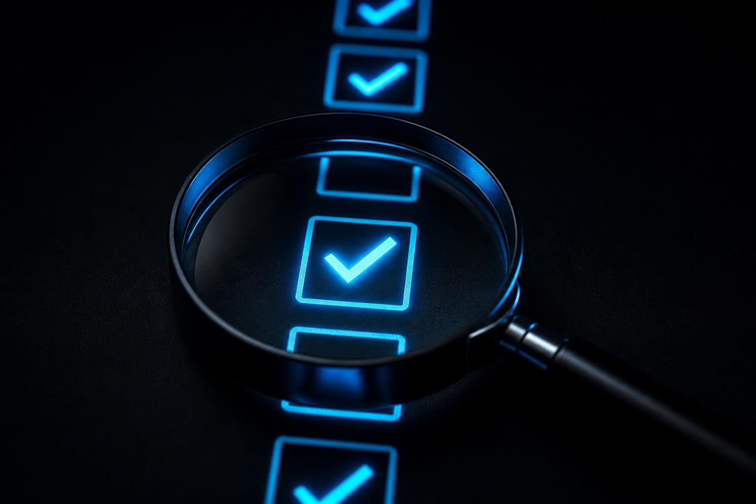 SOC 2 audit checklist with glowing blue checkmarks and magnifying glass over security report